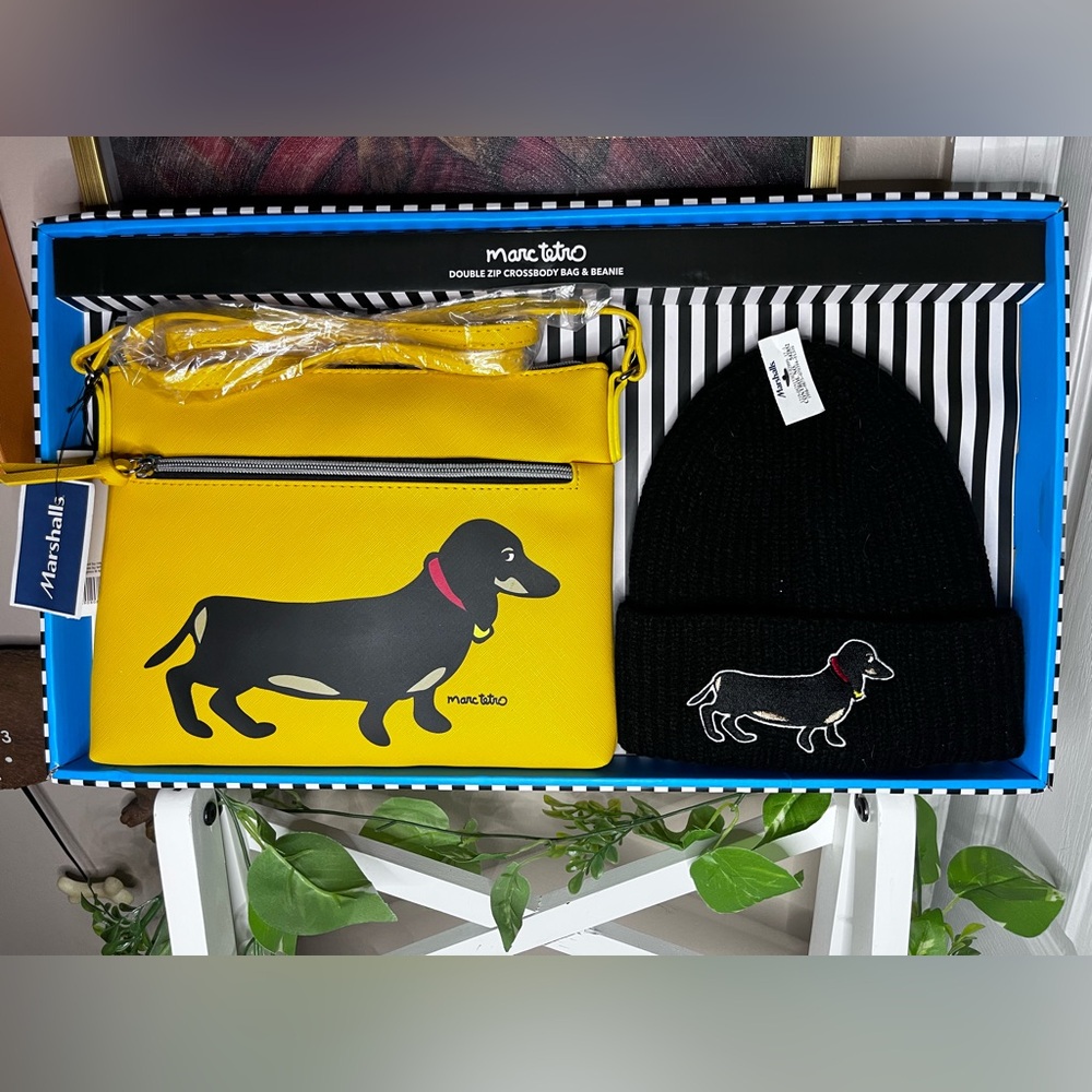 NWT Marc Tetro Dachshund Dog Crossbody Bag & Beanie Hat Gift Set